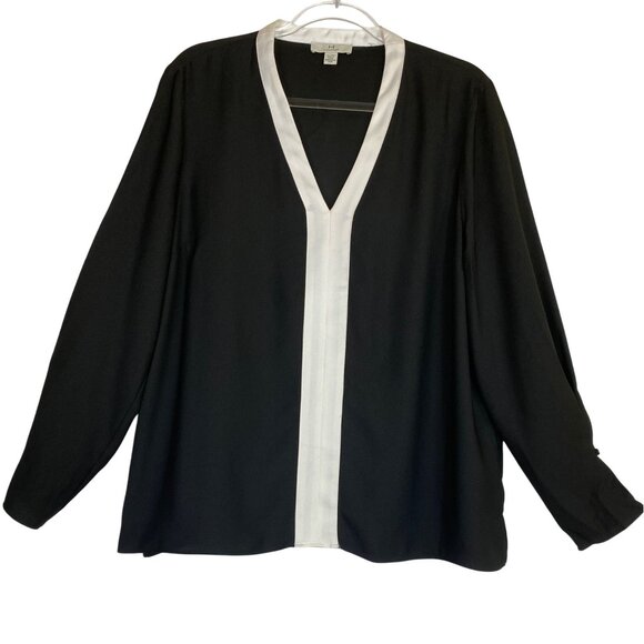 Halston Black & White Long Sleeve V-Neck Blouse XL Classic Shirt Modern Boho Y2K - Picture 1 of 5